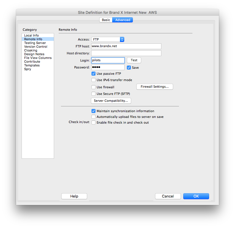 dreamweaver ftp settings